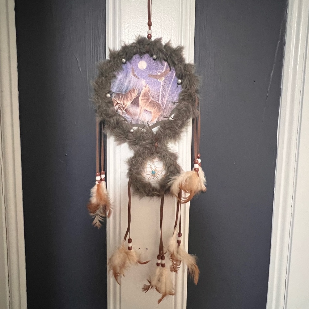 Dreamcatcher with Wolf Design and Feathers